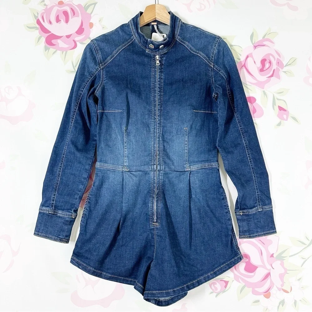 NEW Free People We The Free On The Run Moto Playsuit Blue Denim Romper S